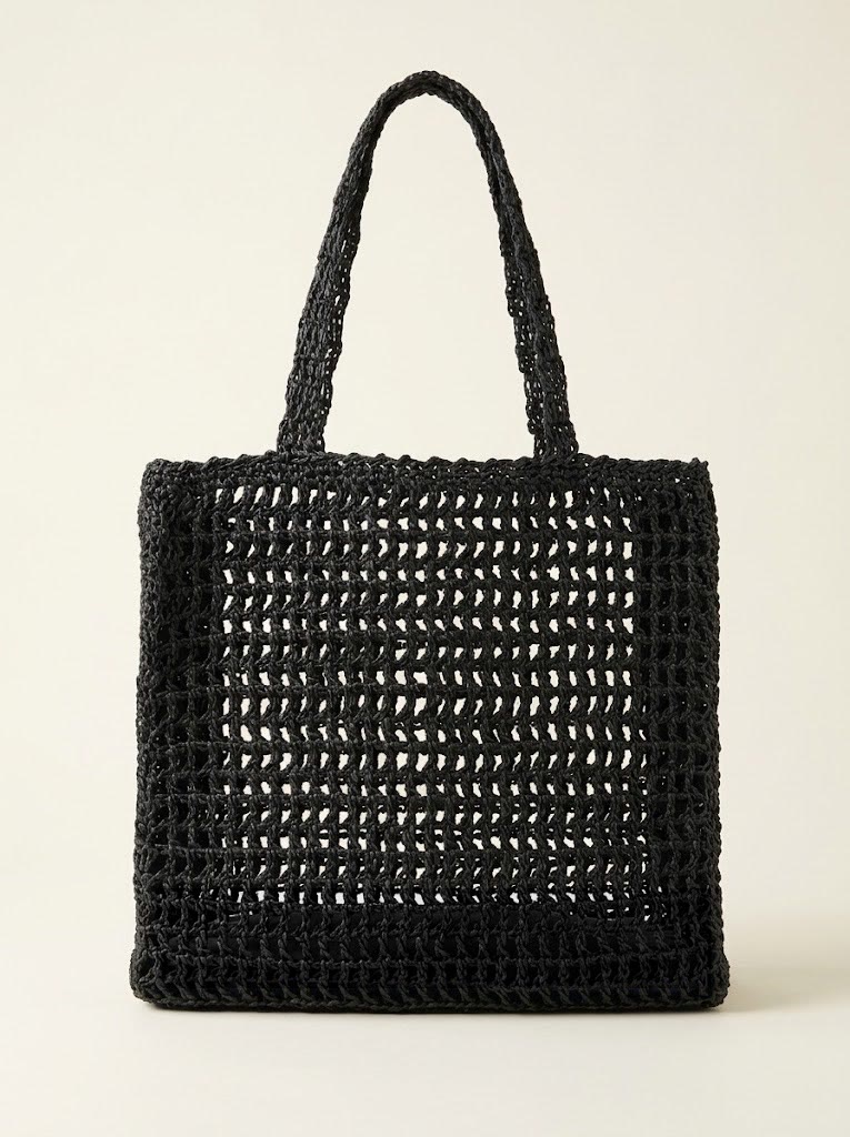 Black open-weave paper yarn tote bag