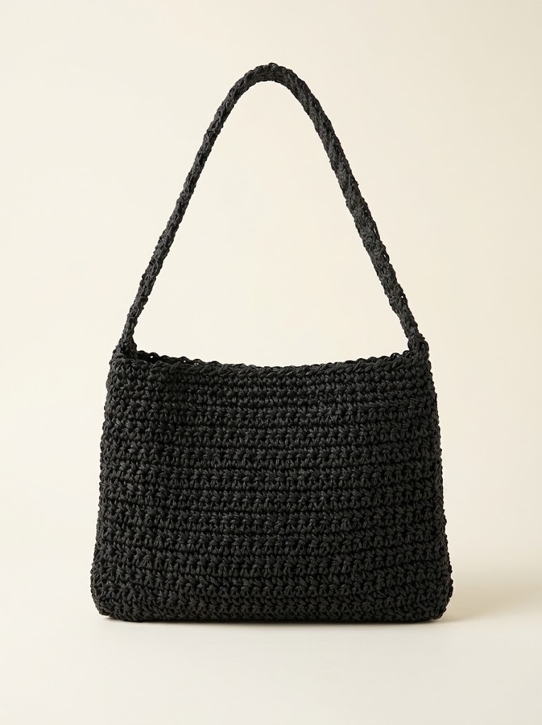 Black handwoven paper yarn open-top shoulder bag