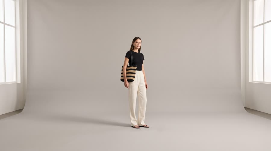 Model carrying striped paper yarn tote