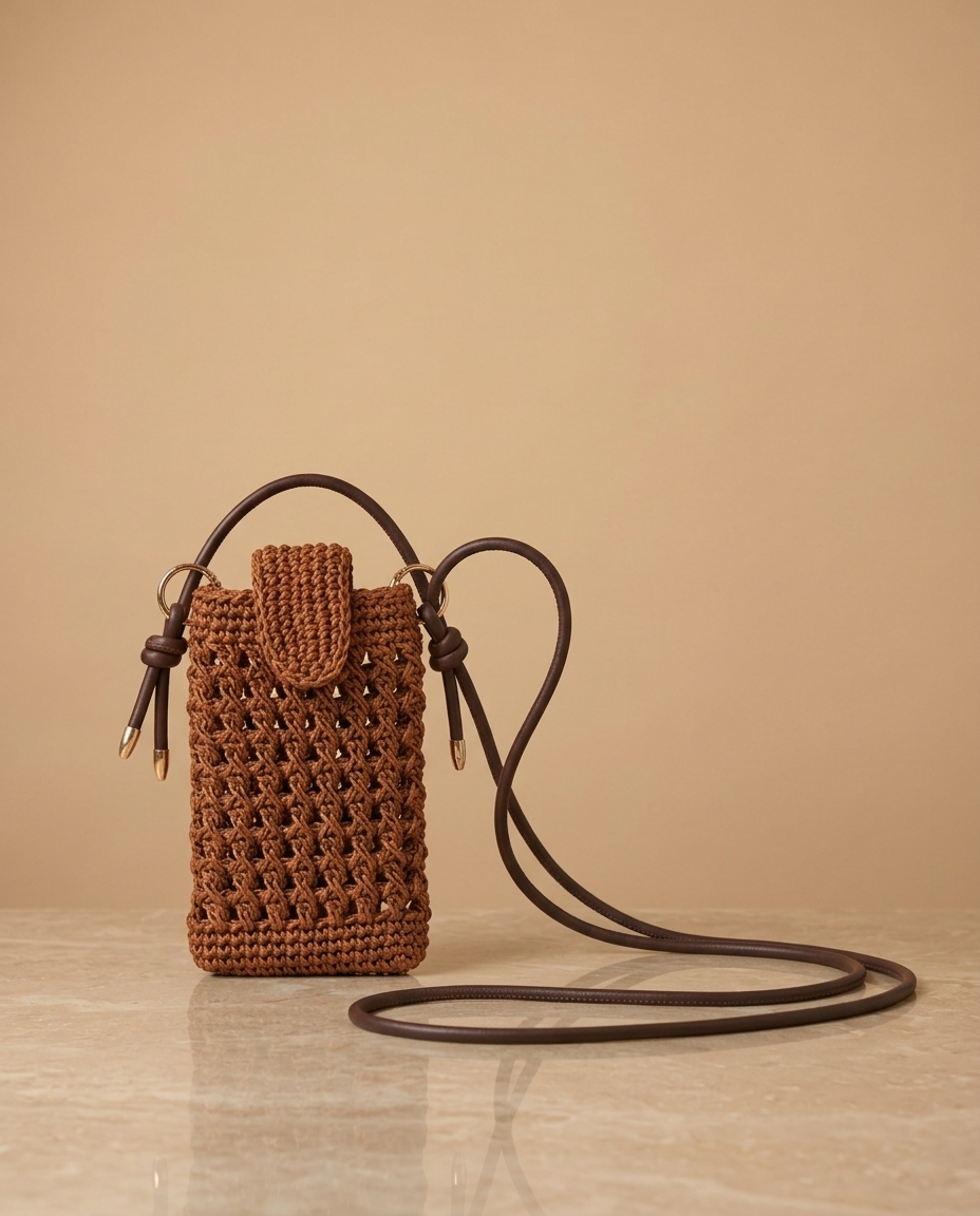 Brown crochet phone bag with leather crossbody strap
