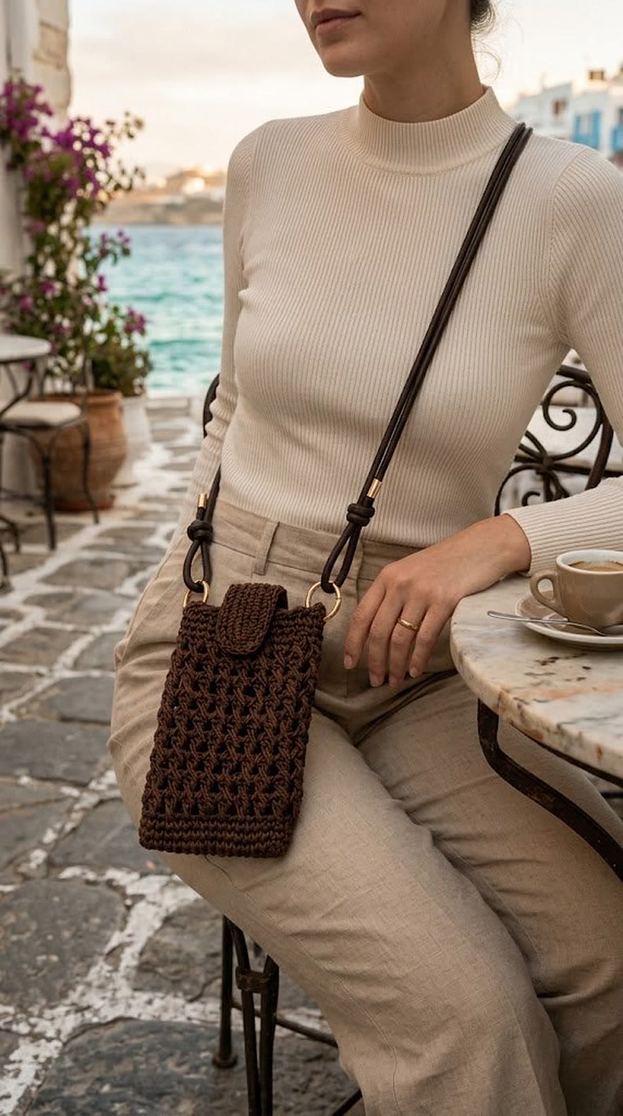 Model wearing brown crochet phone bag crossbody