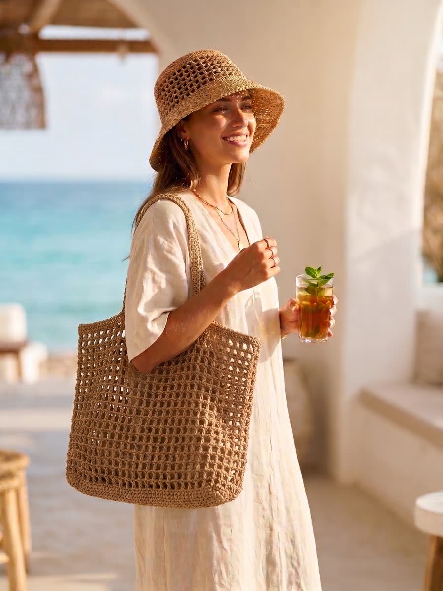 Model with natural paper yarn tote in a courtyard