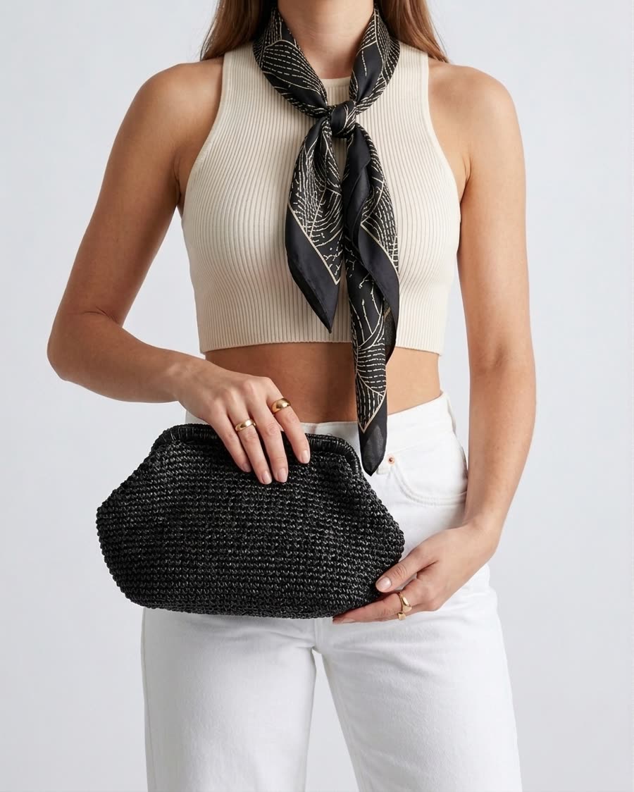 Model holding black handwoven paper yarn clutch